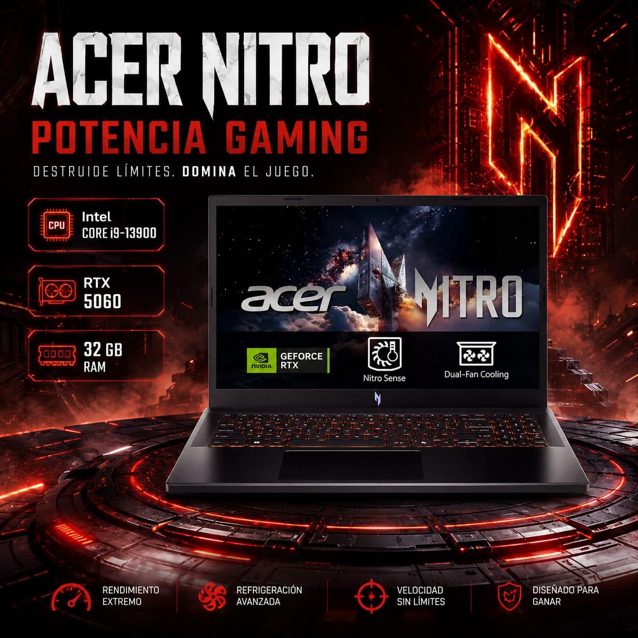 Portátil Acer Nitro V 15 ANV15-52 15.6" Intel Core i9-13900H 32GB 512GB RTX 5060 WINDOWS 11 PRO